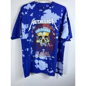 Metallica Graphic T-Shirt Blue‎ Bleach Dye Skull Rock In Vertigo Band Tee Large